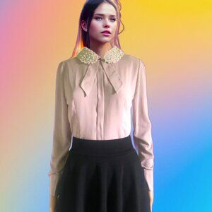 Miss REBECCA Collection Refined Pearl Embellished Collar Beige Pink Blouse Sz XS